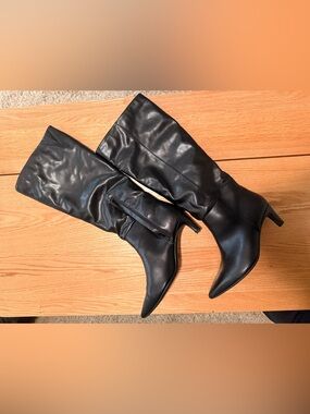 Black Knee High Heeled Boots Size 10 Pointed Toe Side Zip